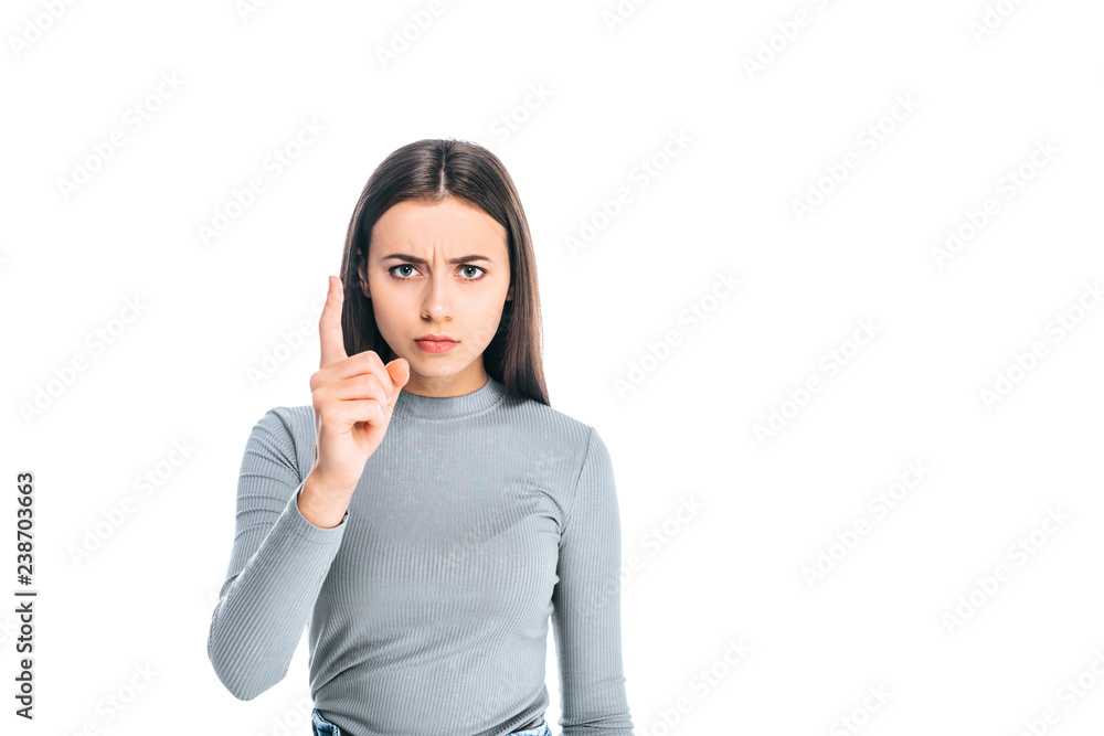 portrait of serious woman gesturing isolated on white portrait of serious woman gesturing isolated on white