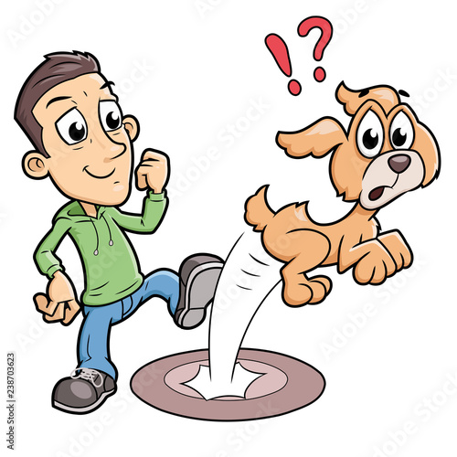 Mean boy kicking a dog