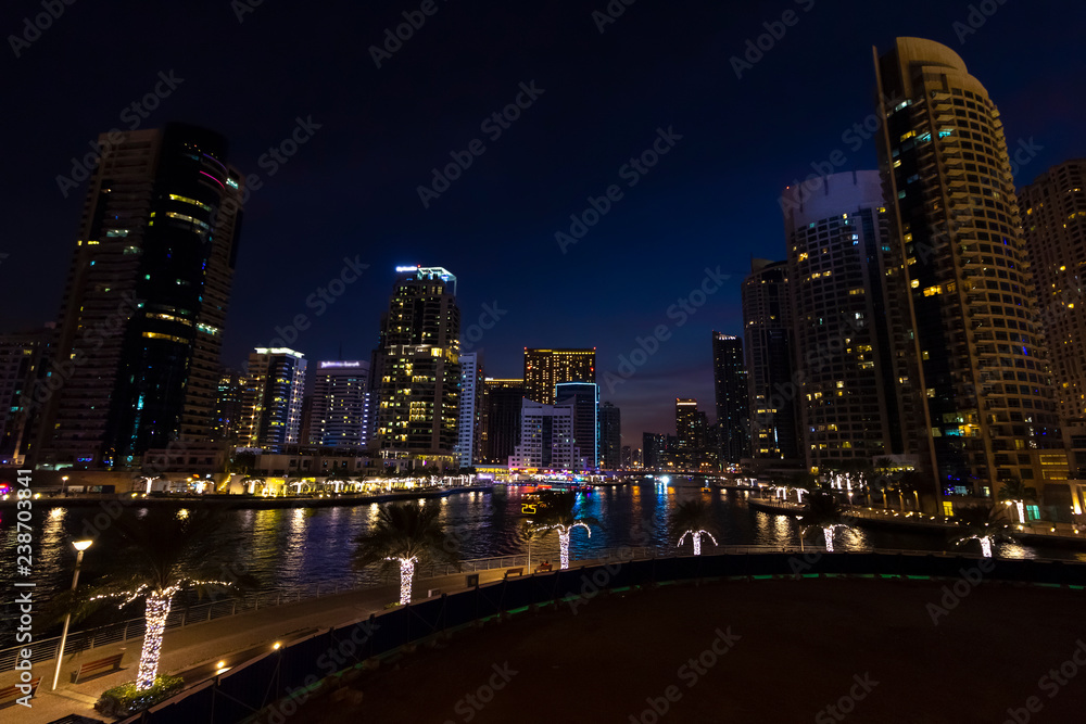 Dubai's high rise houses in the evening. Dubai Marina district. 2018.