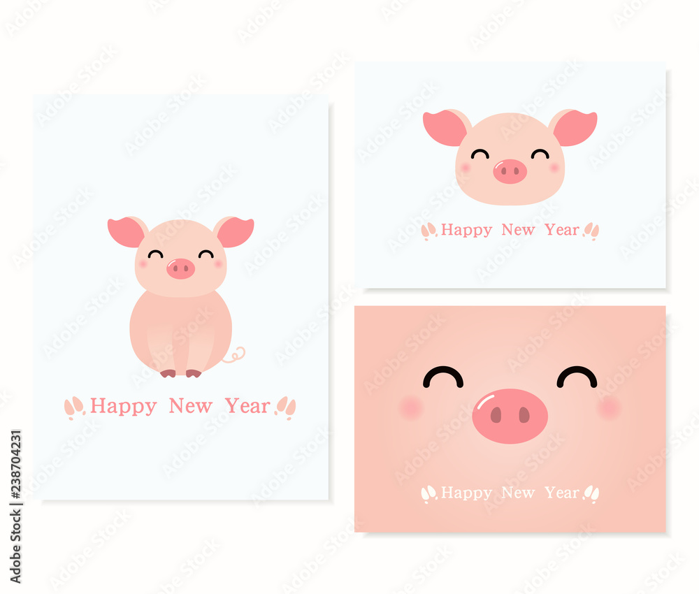 Set of 2019 Chinese New Year greeting cards with cute pigs with typography. Isolated objects on white background. Hand drawn vector illustration. Design concept for holiday banner, decorative element. Set of 2019 Chinese New Year greeting cards with cute pigs with typography. Isolated objects on white background. Hand drawn vector illustration. Design concept for holiday banner, decorative element.