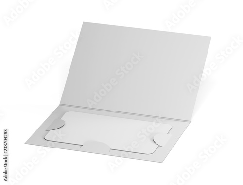 Blank white plastic card mockup inside paper booklet holder. 3d rendering. Folded brochure with certificate mock up. Bonus card envelope