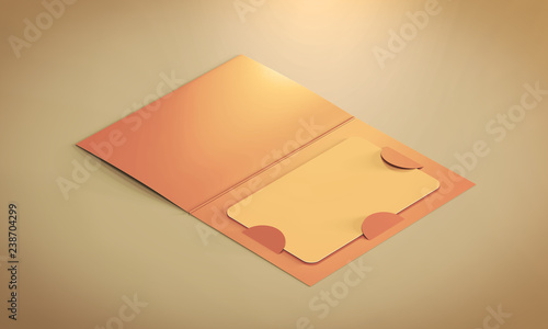 Blank plastic card mockup inside paper booklet holder. 3d rendering. Folded brochure with certificate mock up. Bonus card envelope.