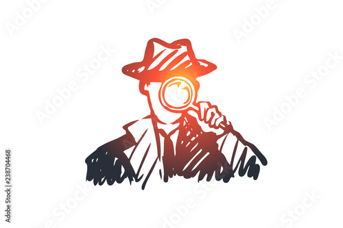 Detective, weapon, magnifying glass, inspector concept. Hand drawn isolated vector.