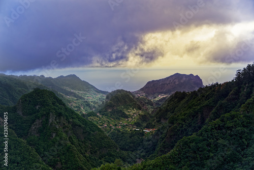 Aerial view from Balcoes viewpoint at green hills and mountains in Faial county, Madeira photo