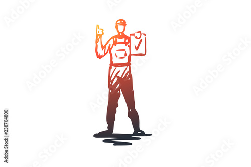 Builder, worker, helmet, repair, engineer concept. Hand drawn isolated vector.