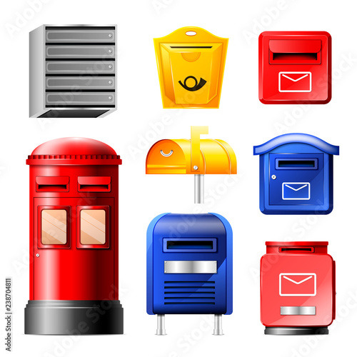 Mail box vector post mailbox or postal mailing letterbox illustration set of postboxes for delivery mailed letters in envelope isolated on white background