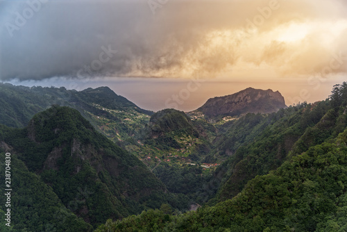 Aerial view from Balcoes at green hills and mountains in Faial county  Madeira