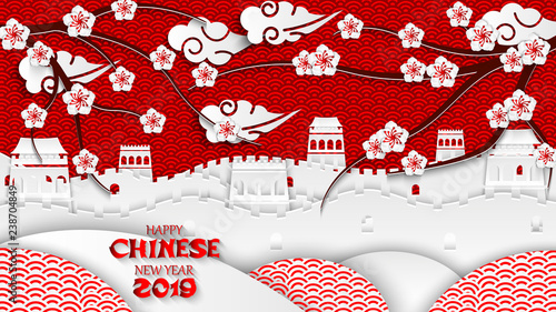 Great Wall of China, cherry blossoms, traditional oriental pattern. Design Chinese New Year banner, background, wallpaper, greeting card, invitation, poster. Vector illustration, paper cut out style.