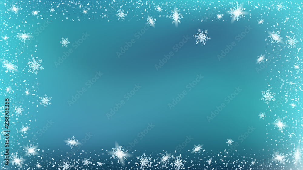 Fototapeta premium Flying snow background. Festive picture of the Christmas banner. Bbright, White, Shimmer, Glowing, Scatter, Falling on a Blue background.