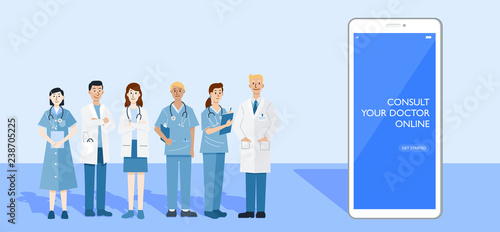 Digital health concept, Illustration of doctors and nurse using a smart phone for consulting patient online, Vector