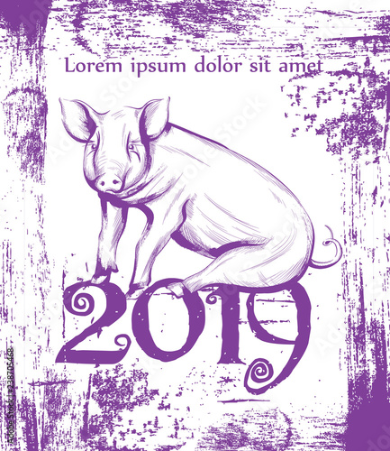 Happy New Year Pig symbol line art Vector. Vintage retro cute pink pig icon 2...