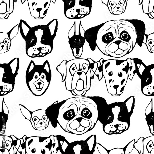 Seamless pattern with Dog breeds. Bulldog, Husky, Alaskan Malamute, Retriever, Doberman, Poodle, Pug, Shar Pei, Dalmatian