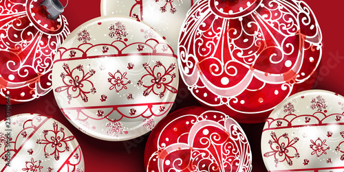 Christmas balls Vector decoration banner. Realistic ornamented Christmas baub...