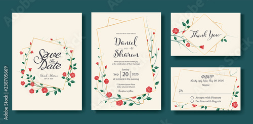 Floral wedding Invitation, save the date, thank you, rsvp card Design template. Vector. Vintage red rose flower vector.