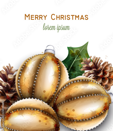 Golden Christmas balls Vector decoration banner. Realistic watercolor Christmas baubles. colorful New Year decors in golds