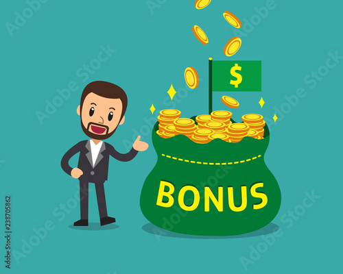 Cartoon businessman with big bonus money bag for design.