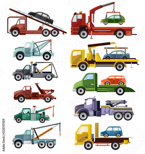 Tow truck vector towing car trucking vehicle transportation towage help on road illustration set of towed auto transport isolated on white background