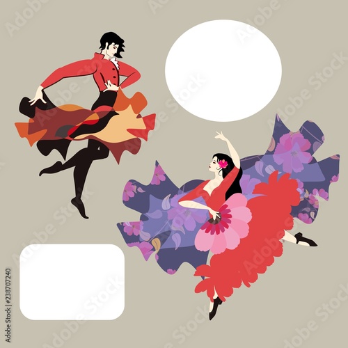 Flamenco dancer man and dancer woman in spanish national clothes isolated on gray background in vector. Space for text. Design elements.