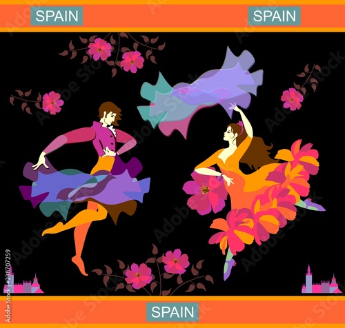 Beautiful Spanish couple dancing flamenco, isolated on black background in vector. Man with raincoat and woman with shawl in the form of flying bird. Luxury collection.