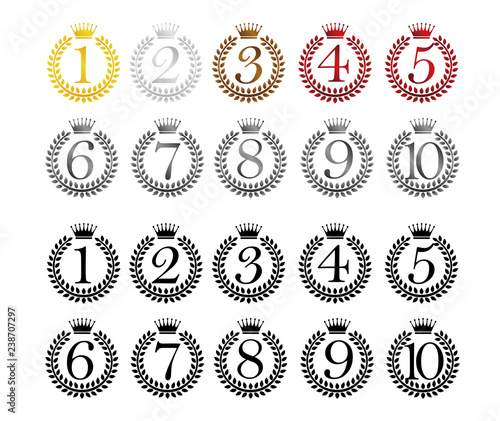 wreath frame ranking illustration set . from 1st place to 10th place. Color version and black version.
