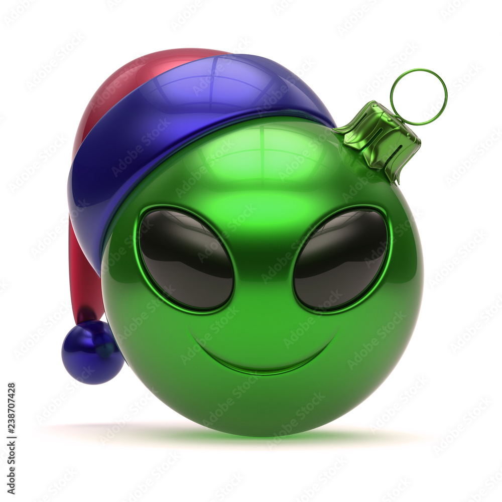 Emoticon alien Santa Claus Christmas ball hat smiling avatar decoration.  Monster cartoon green funny. UFO New Year's Eve bauble happy face. Merry  Xmas emoticon. 3d rendering Stock Illustration | Adobe Stock