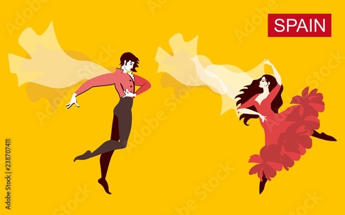 Spanish flamenco dancers with cloak and manton in shape of flying bird isolated on yellow background. Beautiful card in vector. Luxury collection.