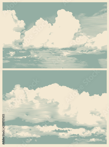 set of clouds, retro engraving style. vector illustration