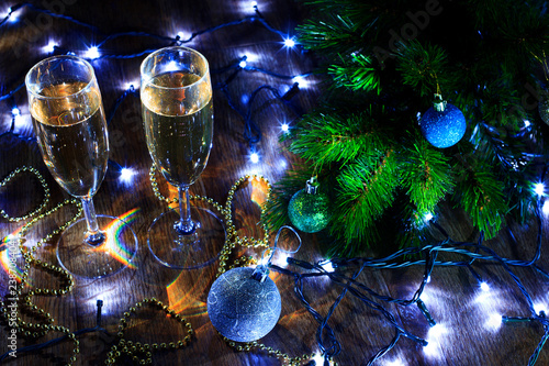 Glasses on New year and Christmas on the floor    Photos were taken in my bedroom 12.12.2018 year, tinsel, garland, glasses 