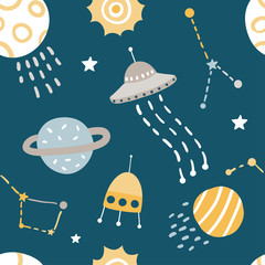 Crédence de cuisine Cosmos patrons Astronautes et fusées motif enfantin  © Elena