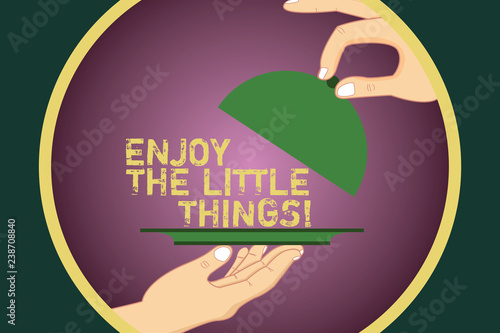 Word writing text Enjoy The Little Things. Business concept for Get inspired by simple details from life Motivation Hu analysis Hands Serving Tray Platter and Lifting the Lid inside Color Circle