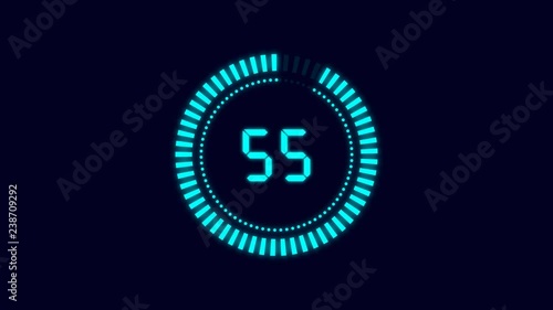 Modern glow countdown one minute animation from 60 to 0 seconds. 4K. Alpha channel. Flat design with  animation on dark background. 