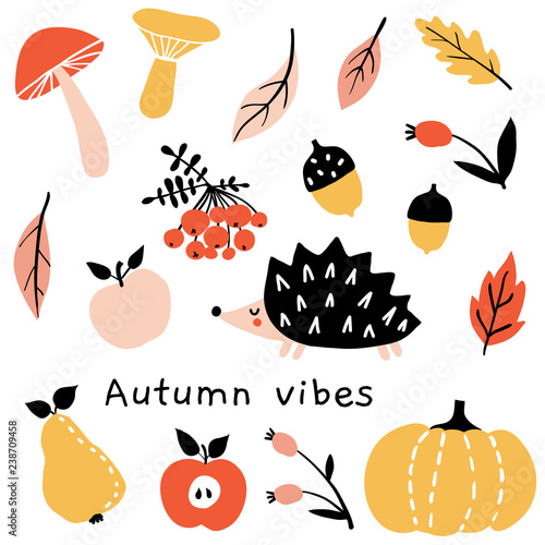 Autumn mood. Fall season doodle set