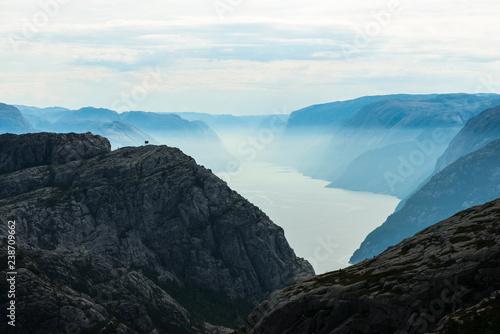 Blue misty view on Lysefjord from Preikestolen trail, Norway