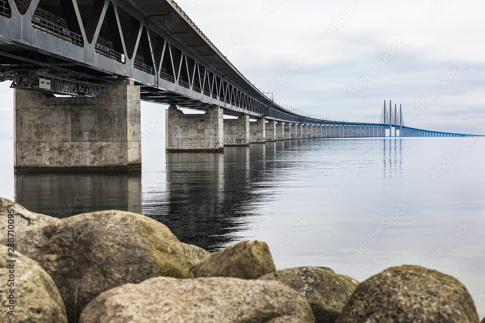 Oresundsbron, the bridge between Sweden (Malmo) and Denmark (Copenhagen). Oresundsbron, the bridge between Sweden (Malmo) and Denmark (Copenhagen).