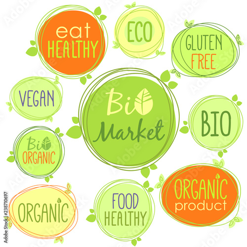 Vector bio icon set of labels, stamps or stickers with signs - Bio market, gluten free, organic product, vegan, food healthy, eat healthy, organic, bio product, nature, Eco food