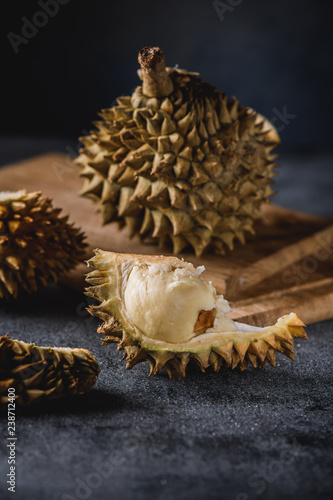Durian exotic fruit from Asia on concrete table