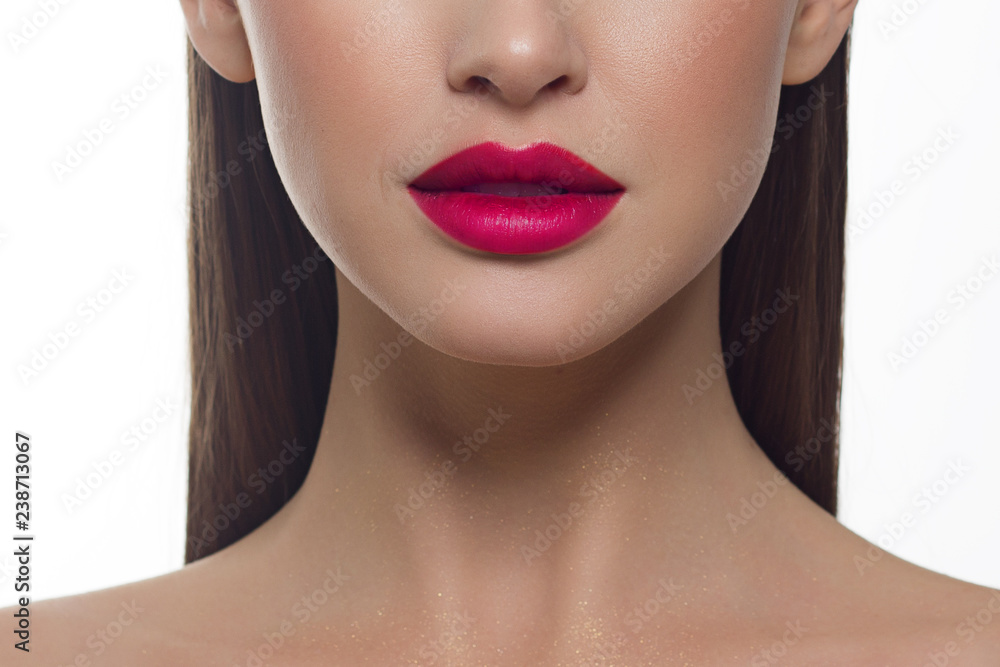 Closeup of beautiful female mouth with pink lip makeup. Closeup of beautiful female mouth with pink lip makeup.