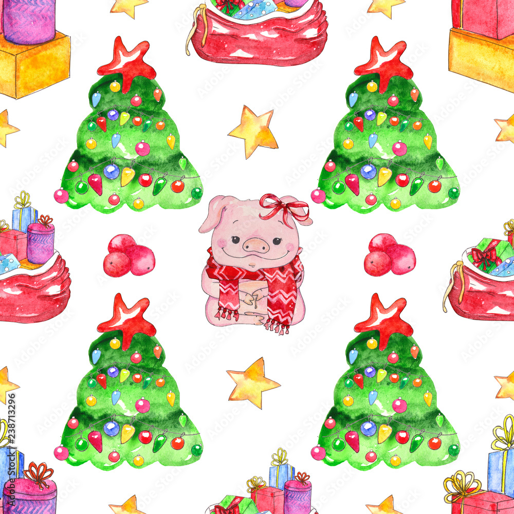 Seamless watercolor pattern. Christmas elements Seamless watercolor pattern. Christmas elements