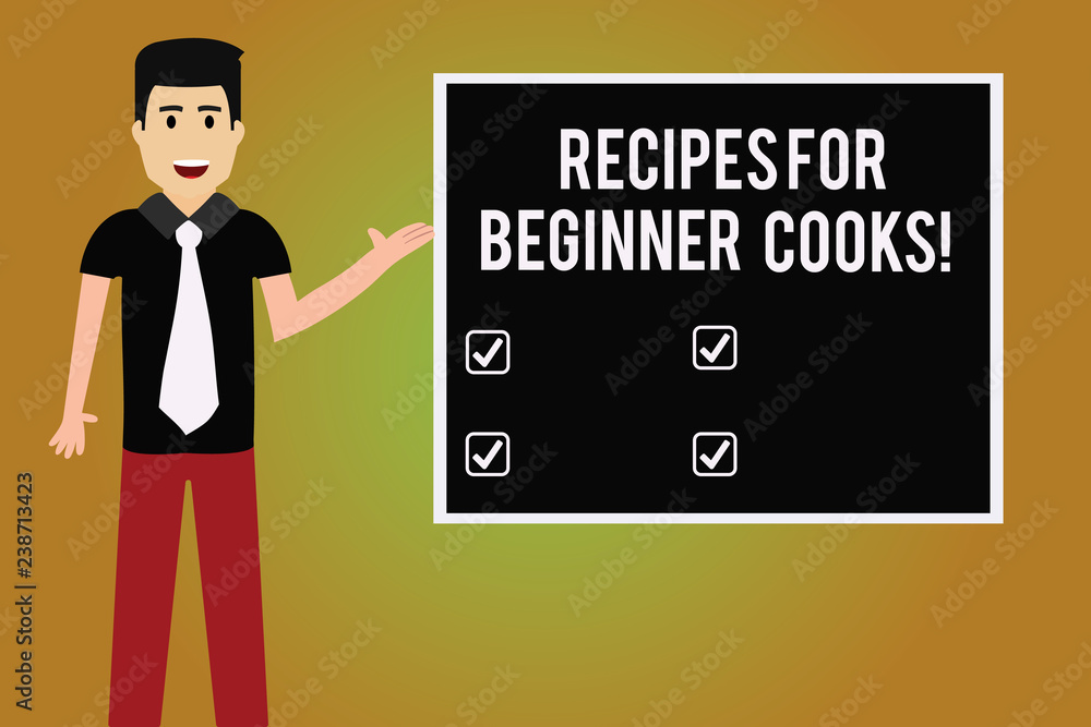 Writing note showing Recipes For Beginner Cooks. Business photo showcasing Fast and easy food preparations for new chefs Man with Tie Talking Presenting Blank Color Square Board Writing note showing Recipes For Beginner Cooks. Business photo showcasing Fast and easy food preparations for new chefs Man with Tie Talking Presenting Blank Color Square Board
