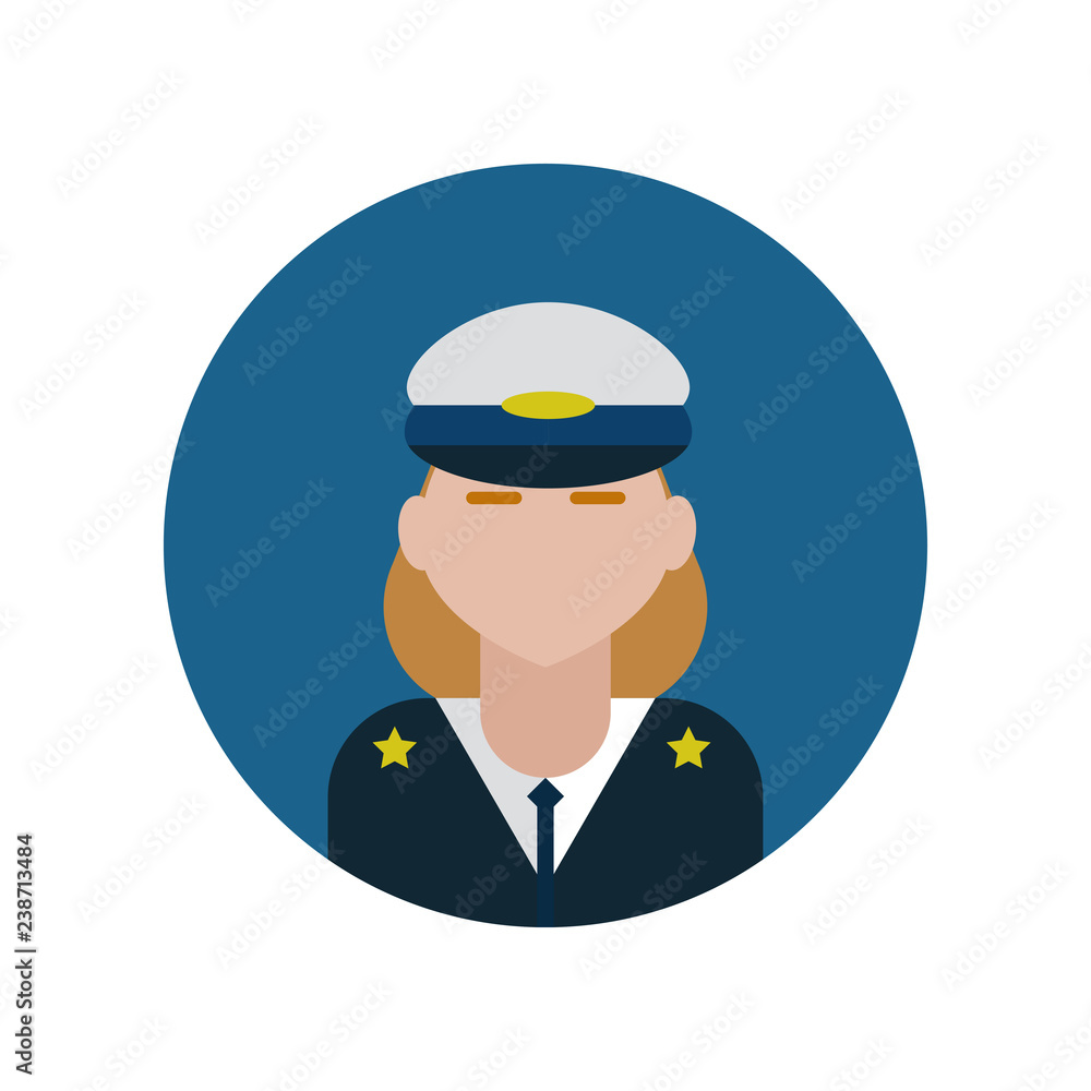 Policewoman flat icon isolated on blue background. Simple Professions sign symbol in flat style. Professions elements Vector illustration for web and mobile design.