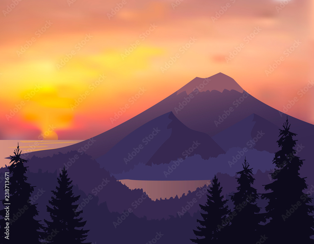 Landscape with silhouettes of mountains, hills, trees with sunrise or sunset sky - vector illustration