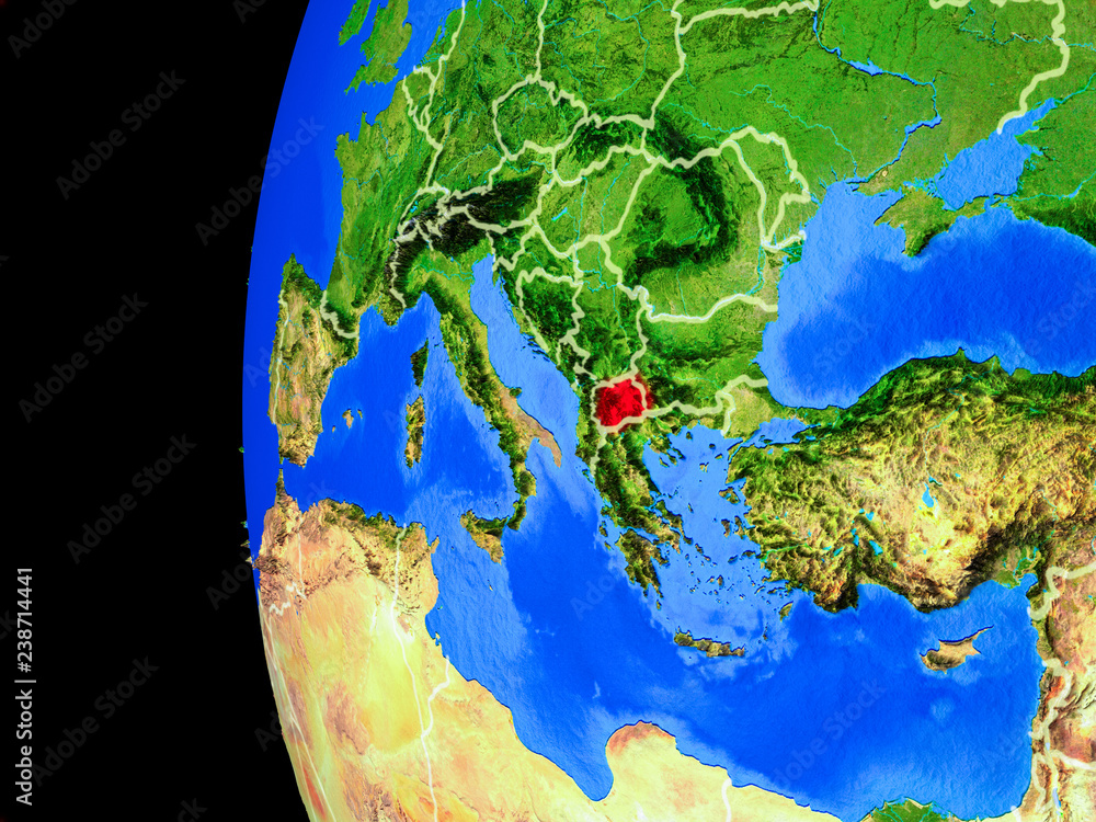 Macedonia from space on realistic model of planet Earth with country borders and detailed planet surface.