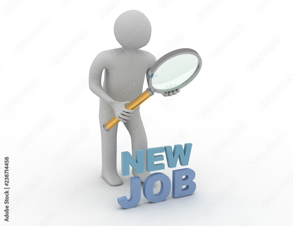 3d people - man, person with magnifying glass searching for job. 3d people - man, person with magnifying glass searching for job.