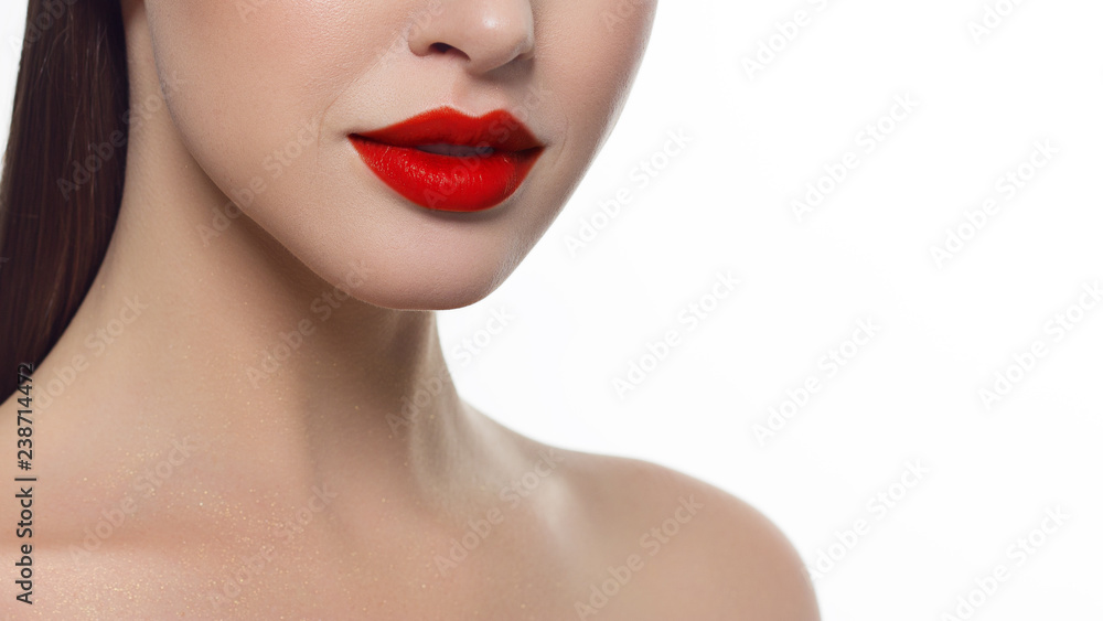 Closeup of beautiful female mouth with red lip makeup. Closeup of beautiful female mouth with red lip makeup.