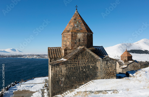 Scenic view of an old Sevanavank church in Sevan, Armenia on sunny winter day