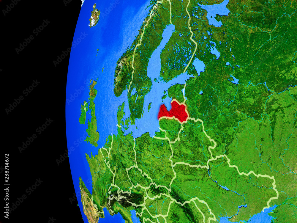 Latvia from space on realistic model of planet Earth with country borders and detailed planet surface.