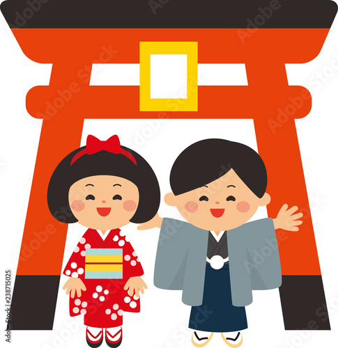 正月素材 鳥居の前に立つ着物を着た子供達 ベクターイラスト素材 Stock Vector Adobe Stock
