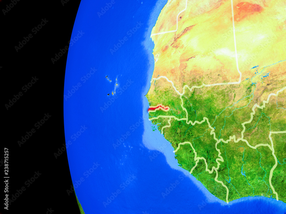 Gambia from space on realistic model of planet Earth with country borders and detailed planet surface.