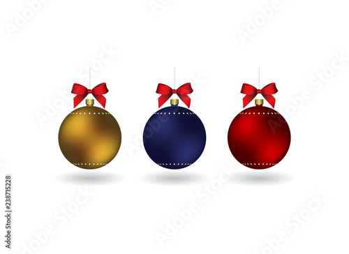 Set of 3 Christmass balls with ribbon hanging on a golden chain