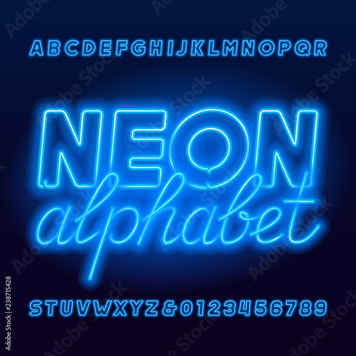 Neon tube alphabet font. Neon color uppercase bold letters and numbers. Stock vector typescript for your design.